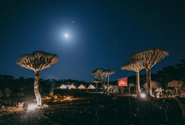 Camp with movie projector and trees Socotra